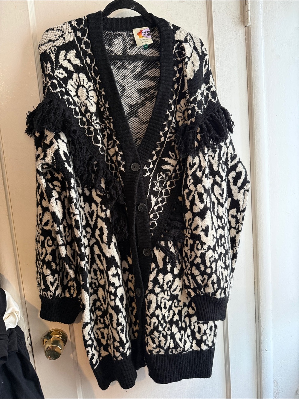 FARM Rio Black and White Floral Fringe Cardigan